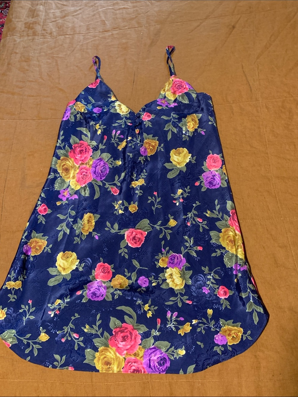 90's vintage  Floral Satin Slip Dress with Pink, Yellow & Purple Roses